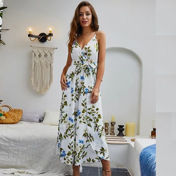 

Simple Sexy Floral Print Jumpsuits Women V Neck Backless Spaghetti Strap Long Overalls Summer Beach Loose Female Jumpsuit 2019