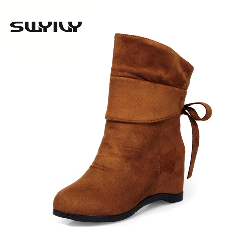 2017 New Wedges 6CM Height Increased Canister Women Modern Dance Shoes Solid Color Knot Dance Boots EUR35-41