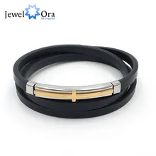 Braccialetto del Cuoio genuino Doppio Strato In Acciaio Inox Uomini Braccialetti Trasversali Degli Uomini Alla Moda Regalo Speciale Off (JewelOra BA102239)