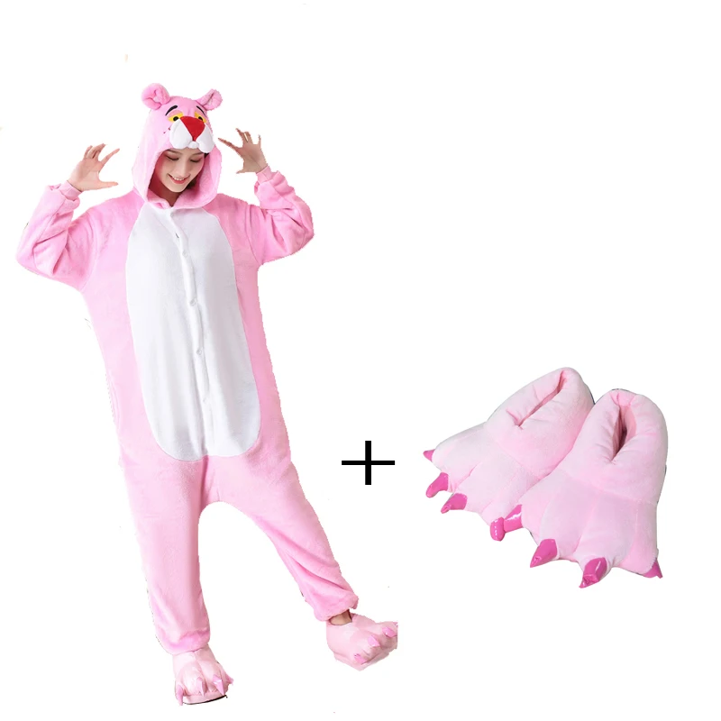 Cute Animal Kigurumi Pink Panther Woman Onesie Hooded Onesies For Adult One-Piece Pajamas Long Sleeve Sleepwear Pijama Winter