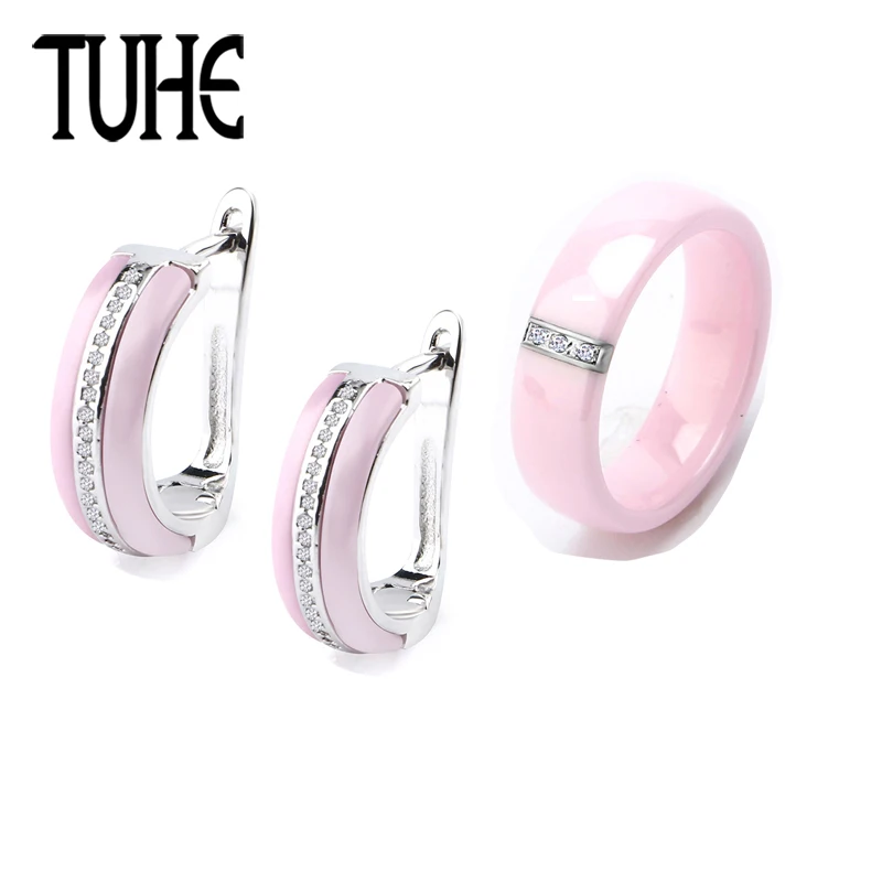 

Cute Pink Ceramic Crystal Charm Jewelry Set Silver Metal Ring Earrings For Women Romantic Wedding Crystal CZ Love Gifts Jewelry