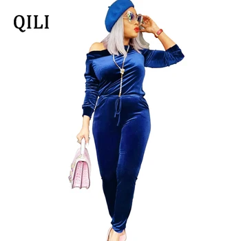 

QILI Women Off Shoulder Jumpsuits Velvet Long Sleeve Skinny Long Pants Jumpsuit Dark-Blue Belted Bodycon Jumpsuits Plus Size XXL