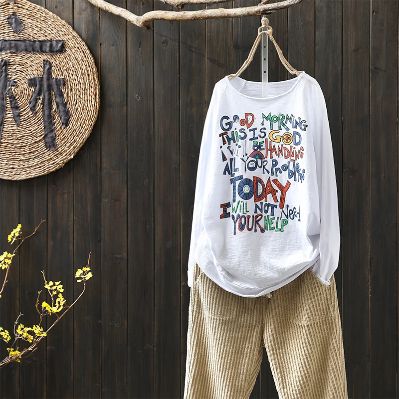 

Bamboo Cotton Tshirt Loose Spring Summer Women Mori Girls Casual Crimping Printed Letters T-Shirt Green White Tops Femme 2019