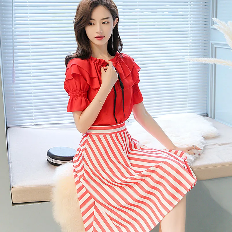 

2019 summer new Woman's sets Korean plus size fashion wild casual ruffled short shirt + striped mini skirt 2 two piece set women