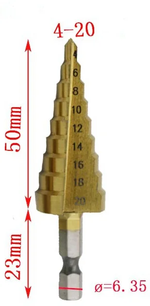 1 шт., HSS сталь, титановое ступенчатое сверло, набор ручных инструментов, 3-12 мм, 4-12 мм, 4-20 мм, ступенчатое конусное сверло, набор деревообработки, дерева, металла - Цвет: 4-20