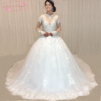 شراءفساتين زفاف SuperKimJo Vestido De Noiva 2018 بكريستال صور حقيقية فاخرة بأكمام طويلة مرصعة بأحجار الراين اللامعة