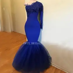 Платье с юбкой годе Королевского синего цвета вечернее платье 2019 одно плечо одежда с длинным рукавом атлас с кружевом с бусинами