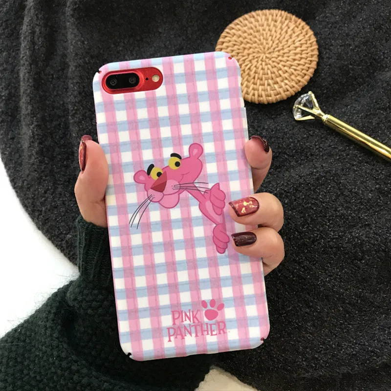 

Kawaii anime Pink panther naughty leopard phone case for coque iphone X XS 7 8 6 6s plus Cartoon lattice matte Hard cases covers
