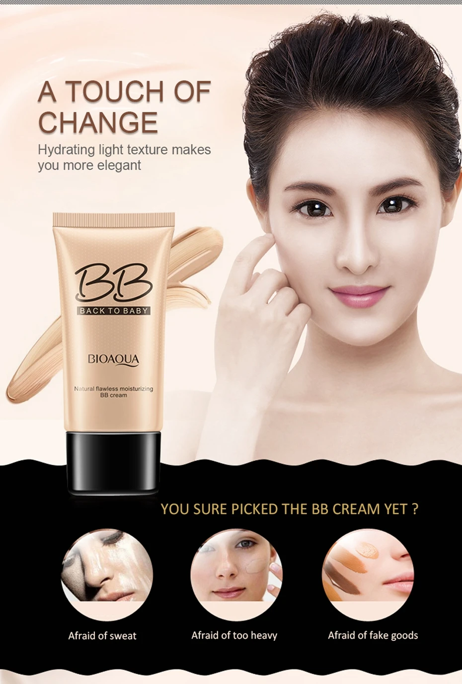 BIOAQUA Natural Flawless BB Cream Whitening Moisturizing Concealer Nude Foundation Makeup Face Beauty