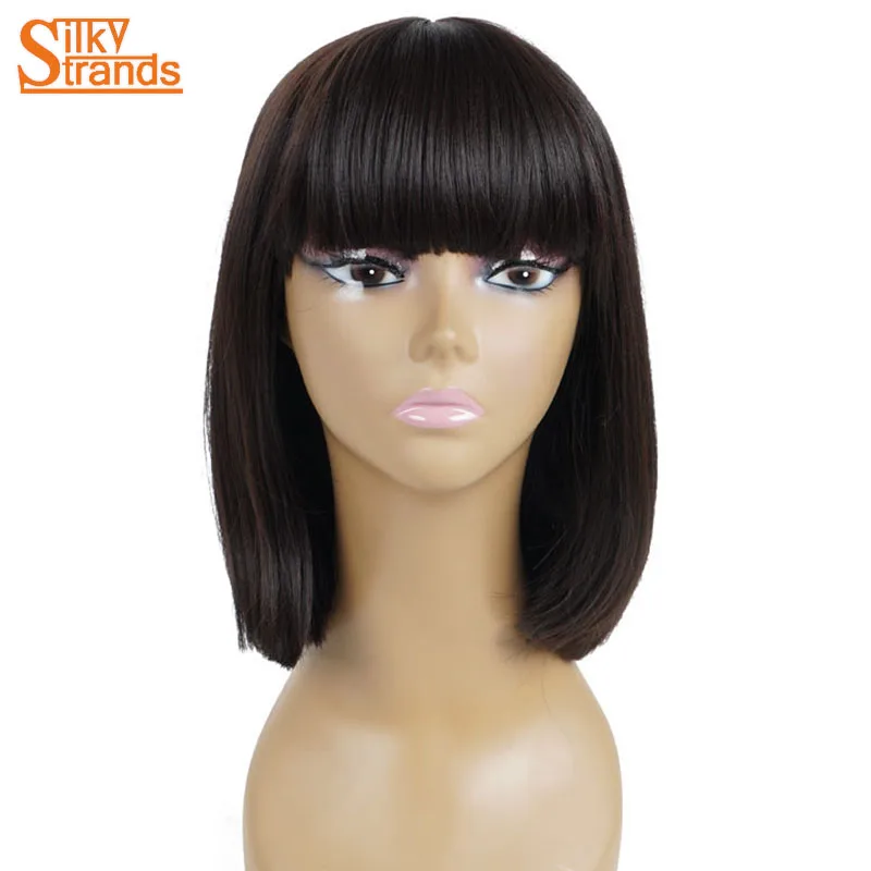 Бургундия Короткие синтетические парики с челкой для женщин черные шелковистые пряди 14 дюймов прямые афроамериканские термостойкие парики