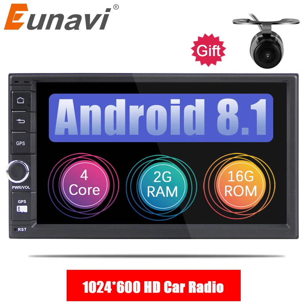 

Eunavi 7 inch 2G RAM Android 8.1 Universal Car Audio Stereo GPS Navigation Double 2 Din 1024*600 HD Car Radio Multimedia Player