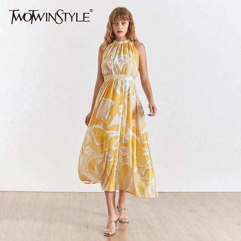 

TWOTWINSTYLE Sleeveless Halter Printed Dresses Summer Female Sleeveless Holiday Midi Dress Women Fashion Clothes 2019 New