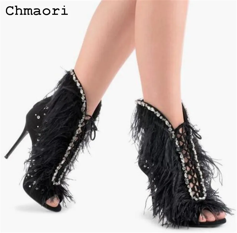 

2018 new arrival peep toe cross-tied high heel ankle boots Reflective rivet decoration sexy thin heel short boots