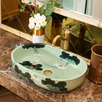 

Oval lotus pattern Bathroom Counter Top Wash Basin Cloakroom Hand Painted Vessel Sink bathroom sink washbasins bathroom sinks