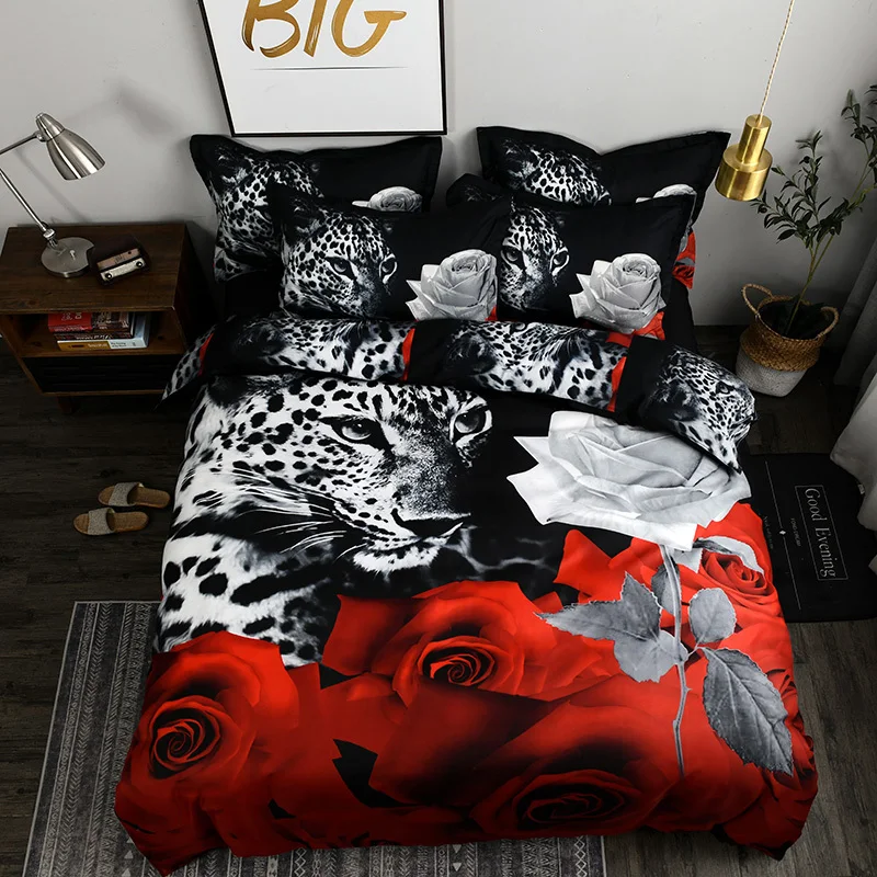 Leopard Rose Animal Bedding Set Europe Luxury Loepord Printing Duvet Cover Pillowcase Quilt | Дом и сад