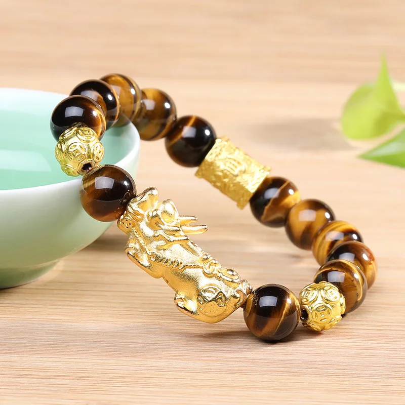 Натуральный камень бусины браслет для мужчин с аллювиальным золотым цветом Pixiu Шарм шесть слов мантра бусины тигровые глаза деньги амулет