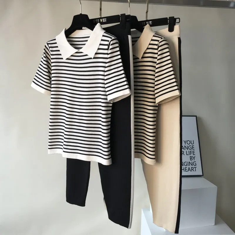 

Oshangchaopin Women Casual Striped Loose Knitted T-Shirt And Pant Set Female 2-Pieces Set Summer Knit Pullovers Trouser Outfits
