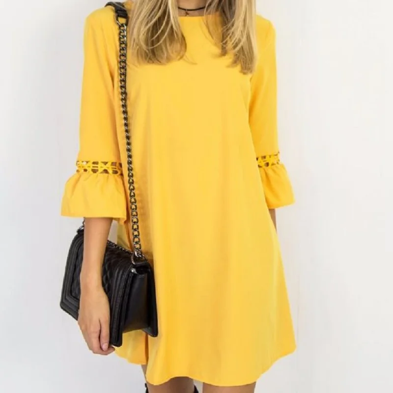 

FUNMARS.T Fashion Women Summer Dress 2018 Spring Flare Quarter Sleeve Lace Patchwork Party Dress Casual O Neck Dresses