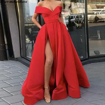 Red Evening Dresses 2020 Off The Shoulder A-line High Slit Satin Long Formal Dress Prom Dress Evening Gown Cheap Abendkleider casual off the shoulder sheath slit dress