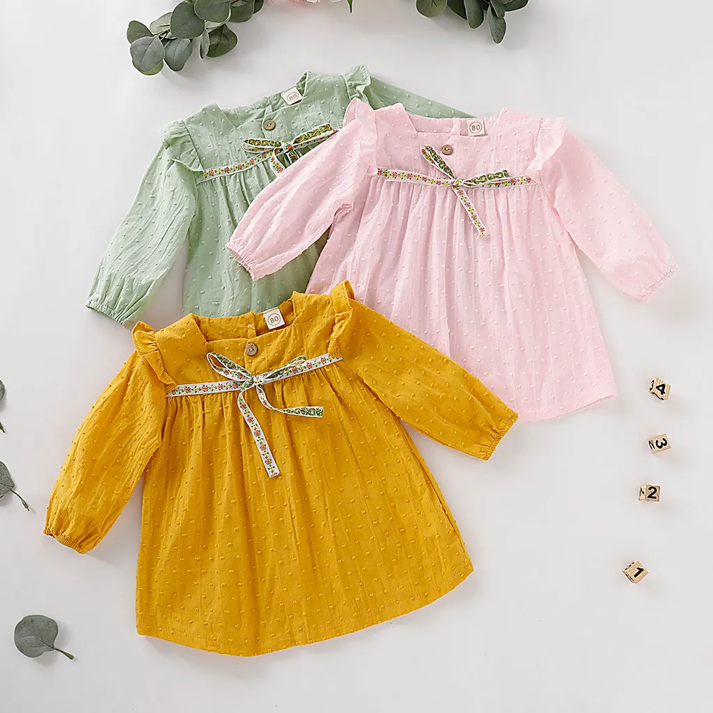 

Toddler Baby clothes girl dress up costume for kids summer dress girl Bowknot Soild Long Sleeve Tops Princess dress girl Clothes