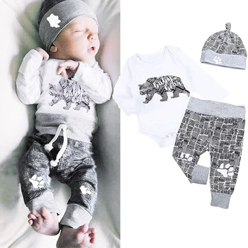 

Winter Newborn Baby Clothes Infant Baby Boy Autumn Long Sleeve Print Romper Jumpsuit+ Long Pants+Hat 3Pcs Outfits Set