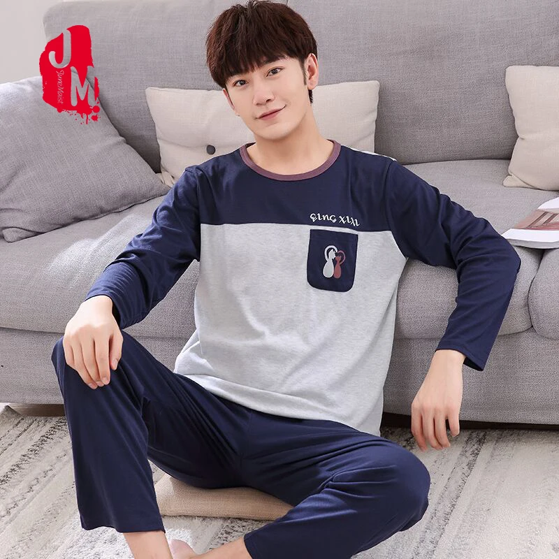 

Winter Autumn Mens Pajamas 100%Cotton Letter Striped Cartoon Pajama Set Long-sleeve Casual Men Pyjamas Plus Size L-XXXXL Pijama