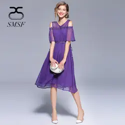 SMSF 2018 Лето Для женщин Линии Шифоновое Платье v-образным вырезом с открытыми плечами платье пикантные Красота цветок вечерние платья