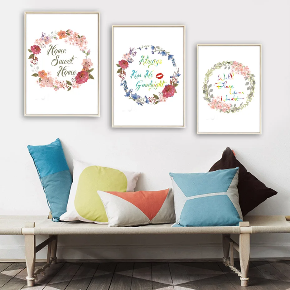 Beautiful Flowers Home Sweet Home Quote Canvas Art Print Poster Home Decor Living Room Wall Picture Kiss Lip Painting No Frame
