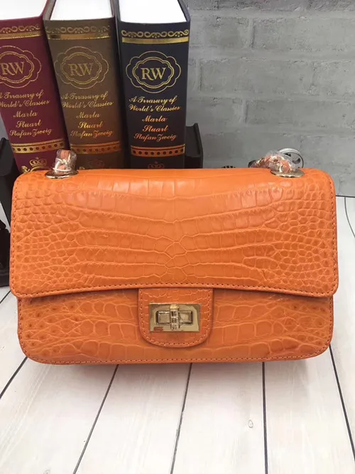 Роскошная дизайнерская женская оранжевая вечерняя сумочка из натуральной крокодиловой кожи, женская сумка на одно плечо - Цвет: Оранжевый