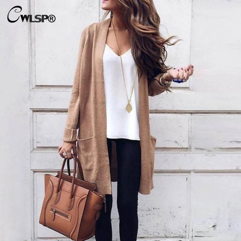 CWLSP Autumn Winter Knitted Sweater Women Long Sleeve Cardigan Casual Open Stitch outwears with Pockets Plus size 3XL QZ2355