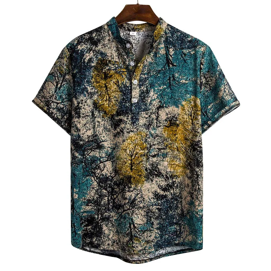 Гавайская рубашка мужская летняя Этническая рубашка с коротким рукавом Повседневная хлопковая льняной с принтом рубашка Топы Повседневная Блузка camisa masculina