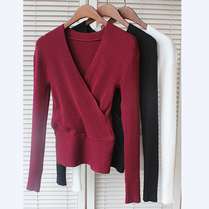 Gkfnmt высокоэластичный вязаный женский свитер, сексуальный женский свитер с v-образным вырезом, женские свитера и пуловеры, корейский стиль, длинный рукав, красный цвет
