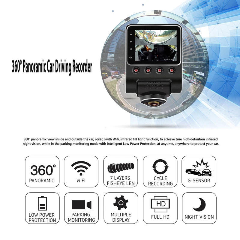 WI FI регистраторы 1080 P 360 градусов панорамный автомобиля Камера HD