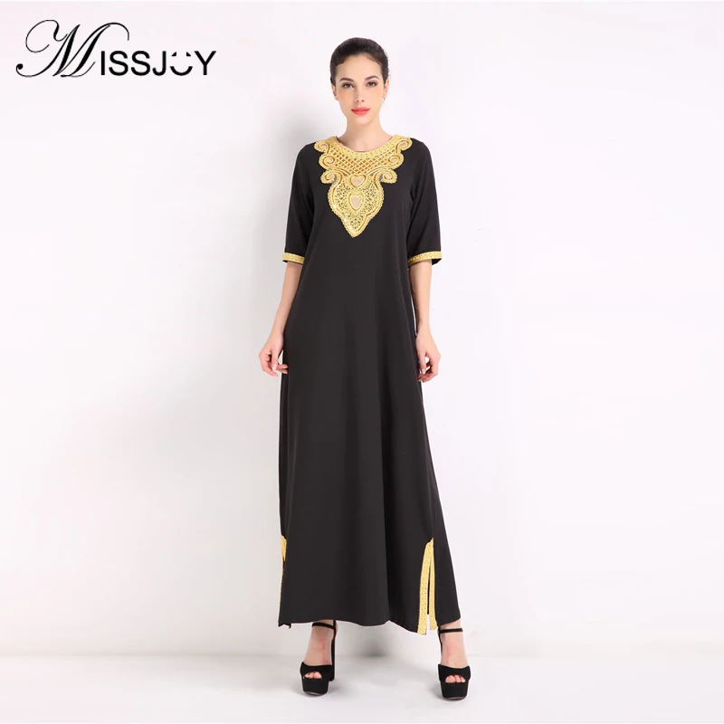 

MISSJOY 2018 Summer leisure Abaya solid color Crochet Floral Embroidery Middle Eastern Muslim Dress Arabian Robe retro dresses