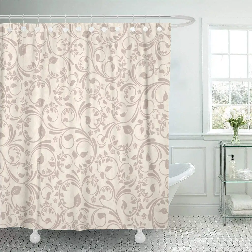 

Shower Curtain with Hooks Vintage with Beige Flowers Floral Scroll Flourish Retro Curve Leaf Summer Decorative Bathroom