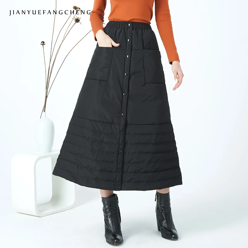 Casual Eendendons Rok EEN Lijn Hoge Taille Womens Winter Lange Rokken Thicken Warm Plus Size Zwarte Maxi Rok Enkel -lengte Jupe 4XL