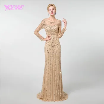 

YQLNNE 2019 Gold Crystals Full Sleeve Prom Dresses Long Beaded Formal Gown Vestido de Festa