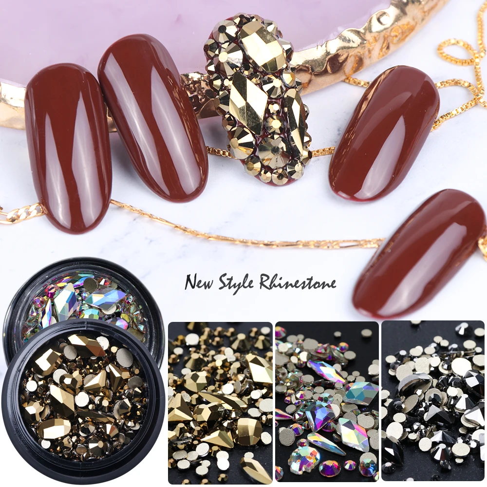 

1Box 3D Mix Size Glitter Glass Flatback Rhinestone Gold Bottom Nail Art Crystal AB Diamond Manicure Decoration Accessories LA768