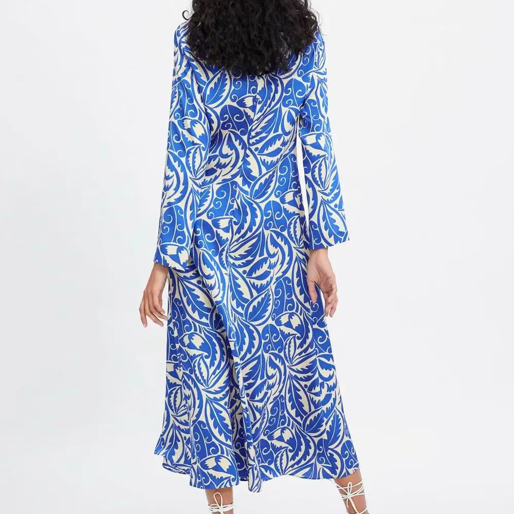2019 za summer froal BLUE AND WHITE print Women dresses O NECK print