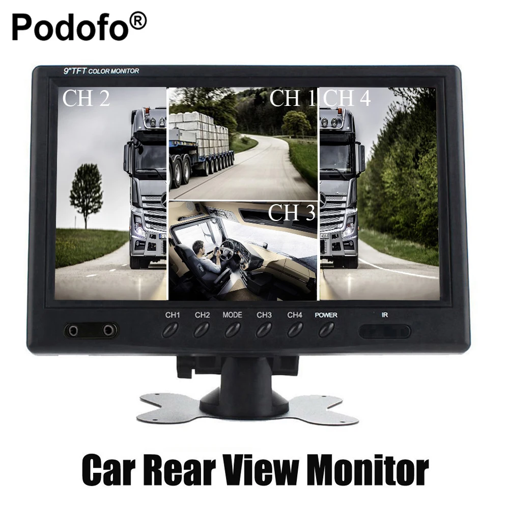 online Podofo 9 TFT LCD Tela Dividida Quad Monitor CCTV Segurança Vigilância Encosto de Cabeça do carro Rear View Monitor + 4 Conectores RCA 6 Modo