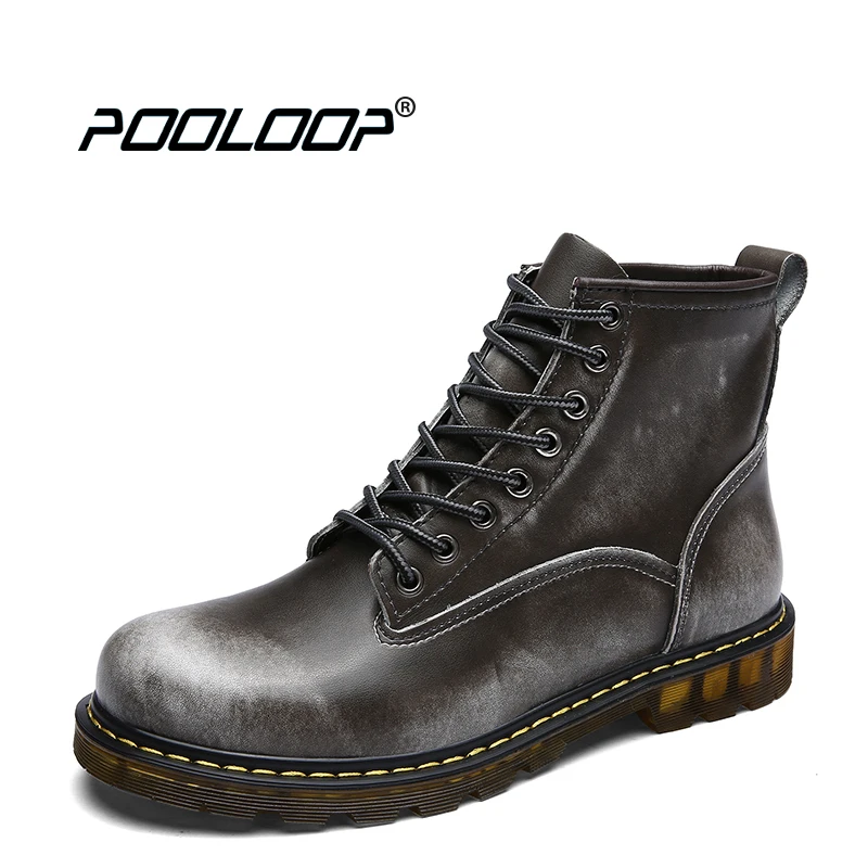 

POOLOOP Genuine Leather Men Booties Lace Up Fashion Dr Martin Boots Waterproof Western Boots For Men Casual Ankle Boots Cowboy