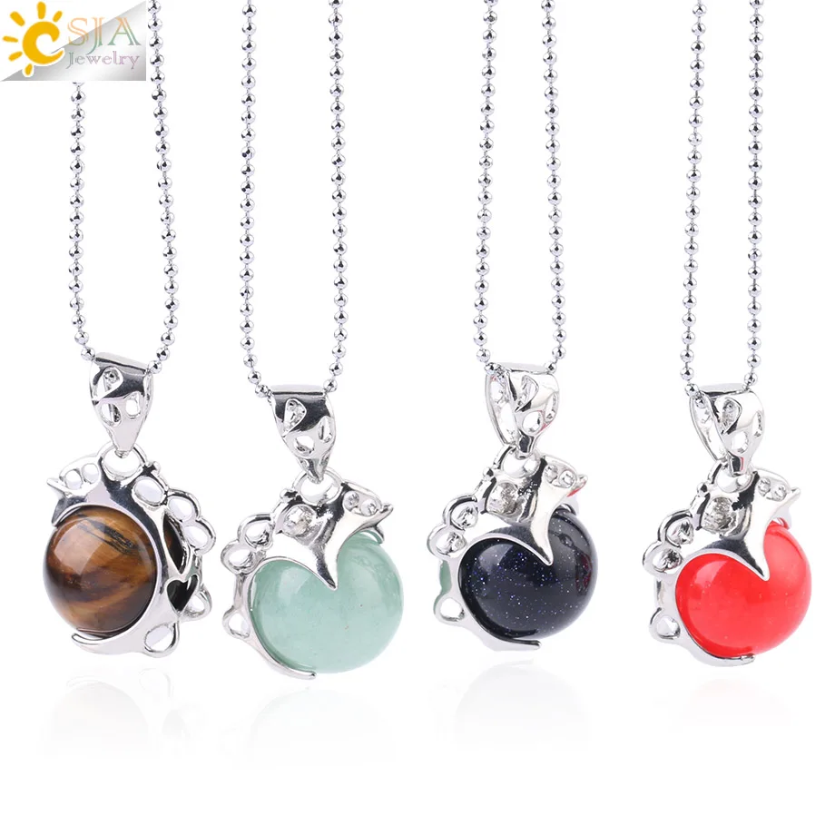 

CSJA Natural Gem Stone Necklace Round Ball Beads Pendants Silver-color Pendulums for Necklaces Quartz Healing Jewelry Women F582