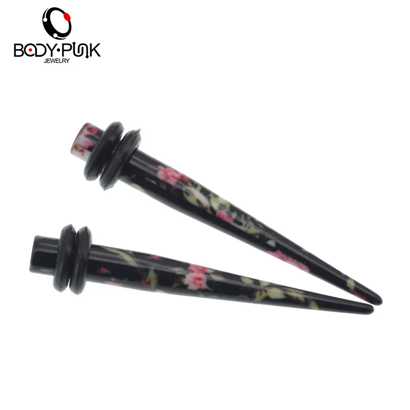 BODY PUNK Sapphire Pink Flower Print Acrylic Taper Ear Expander Piercing Taper Plugs Tunnel Kit Stretcher Gauges Body Jewelry 5