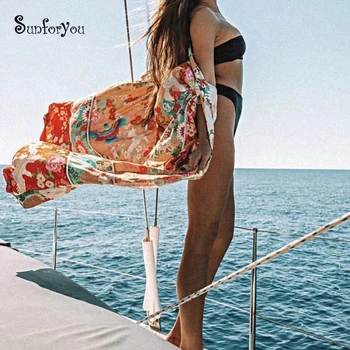 

Chiffon Summer Beach Cover up Plus size Print Beach Dress Swim cover up Sarong Bathing suit Cover up Vestido Playa Mujer Tunics