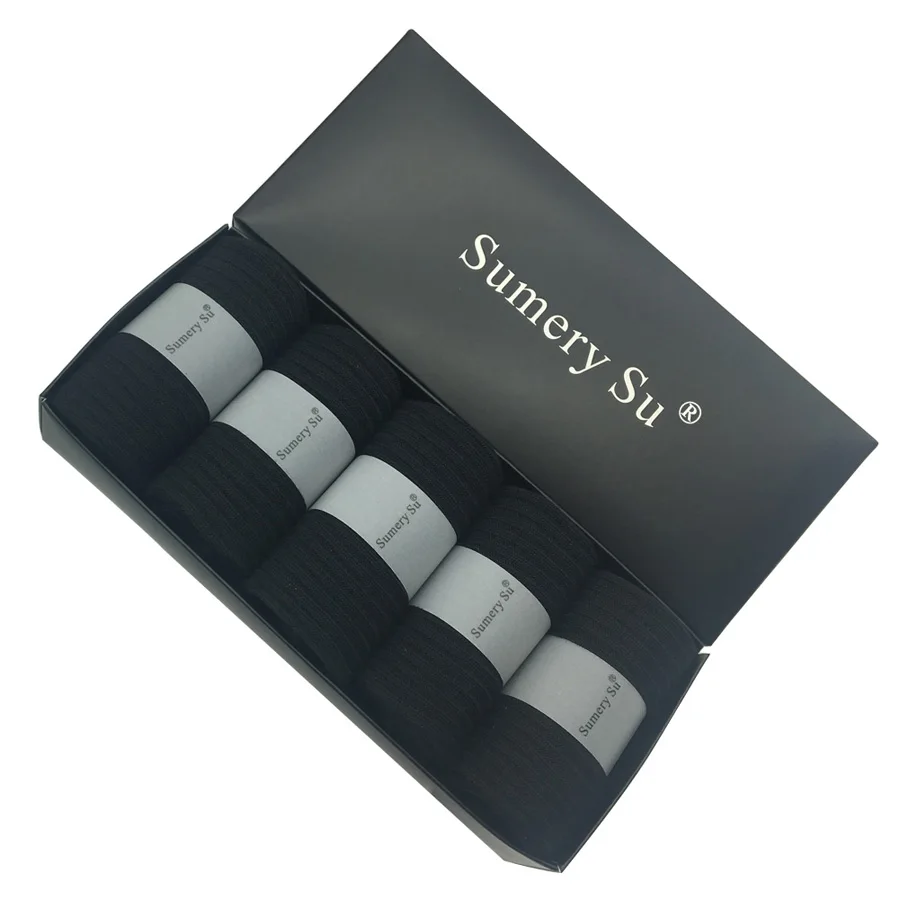 5 пар/партия носки мужские хлопковые дышащие нарядные свадебные деловые черные носки повседневные Длинные мужские подарочные носки - Цвет: Black with Gift Box