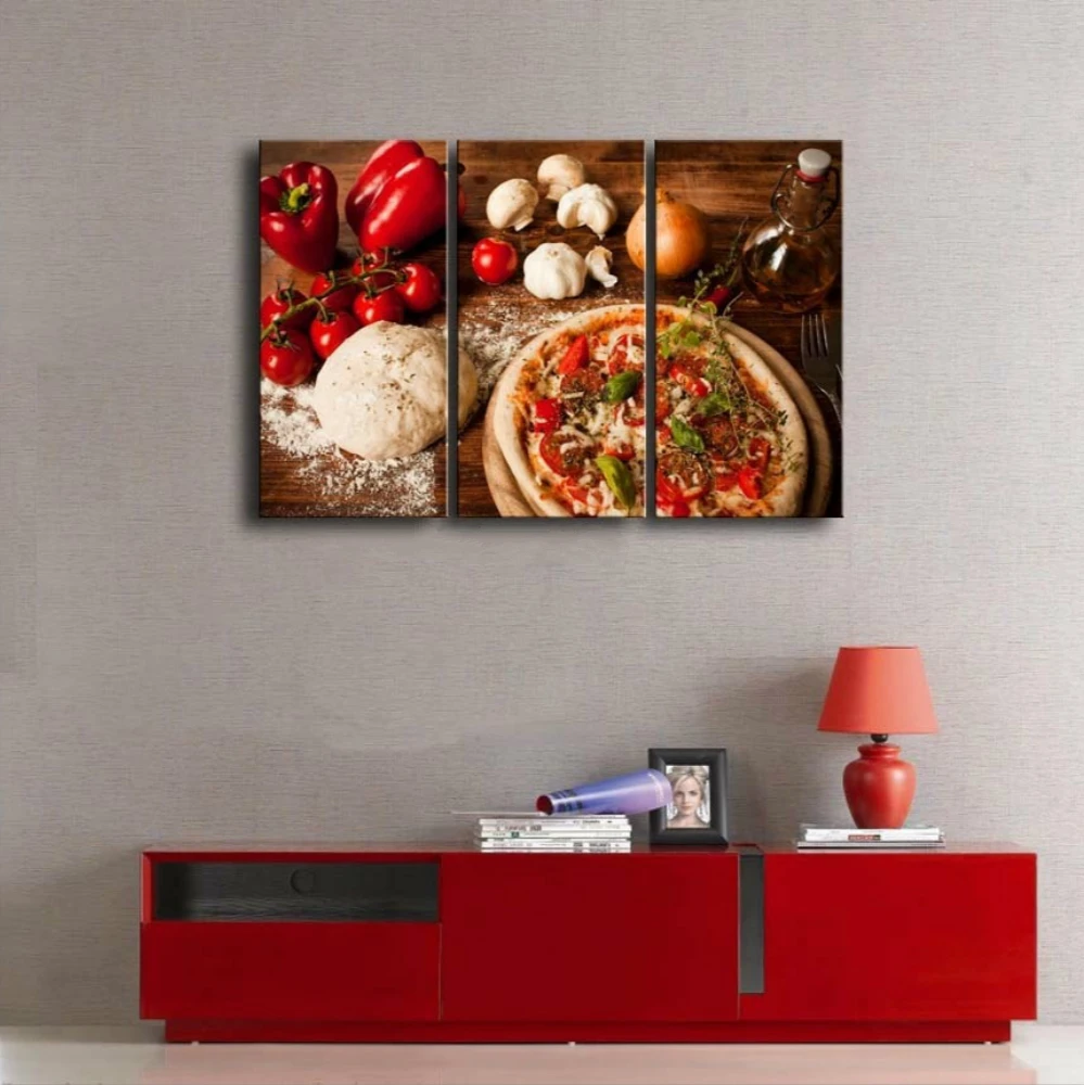 3 Pieces Brown Food Picture Wall Art Pizza Tomato Pepper White Paste