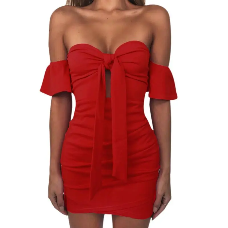 

ROPALIA Backless Mini Dress Off Shoulder Strapless Sexy Ruched Summer Dress Women Bow Knot Short Sleeve Bodycon Bandage Dresses
