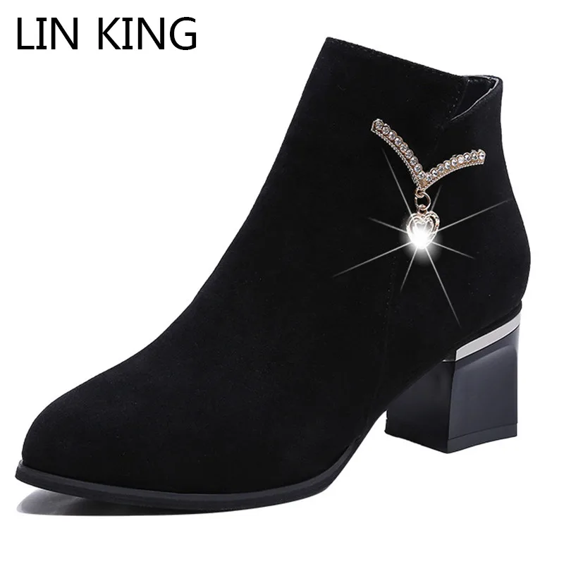 

LIN KING Fashion Crystal Women Boots Anti Skid Square Heel Zipper Ankle Shoes Lady Black Pointed Toe Martin Boots Bota Feminina