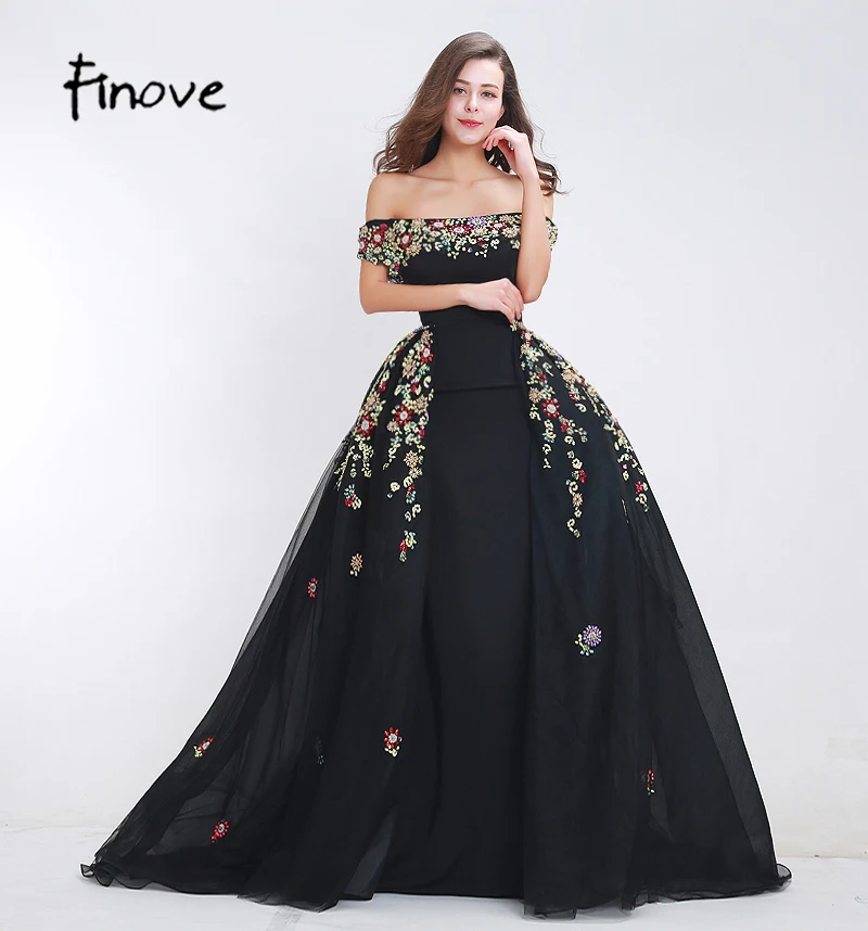 Finove Beading Prom Dresses 2020 New Styles Sexy Boat Neck A-Line Detachable Skirt Floor Length Long Party Dresses for Women