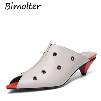 

Bimolter NEW Women Spike Heels Mules Holes Decorations 5cm Middle Heels Slippers High Quality Cow Leather Shoes For Summer FC089